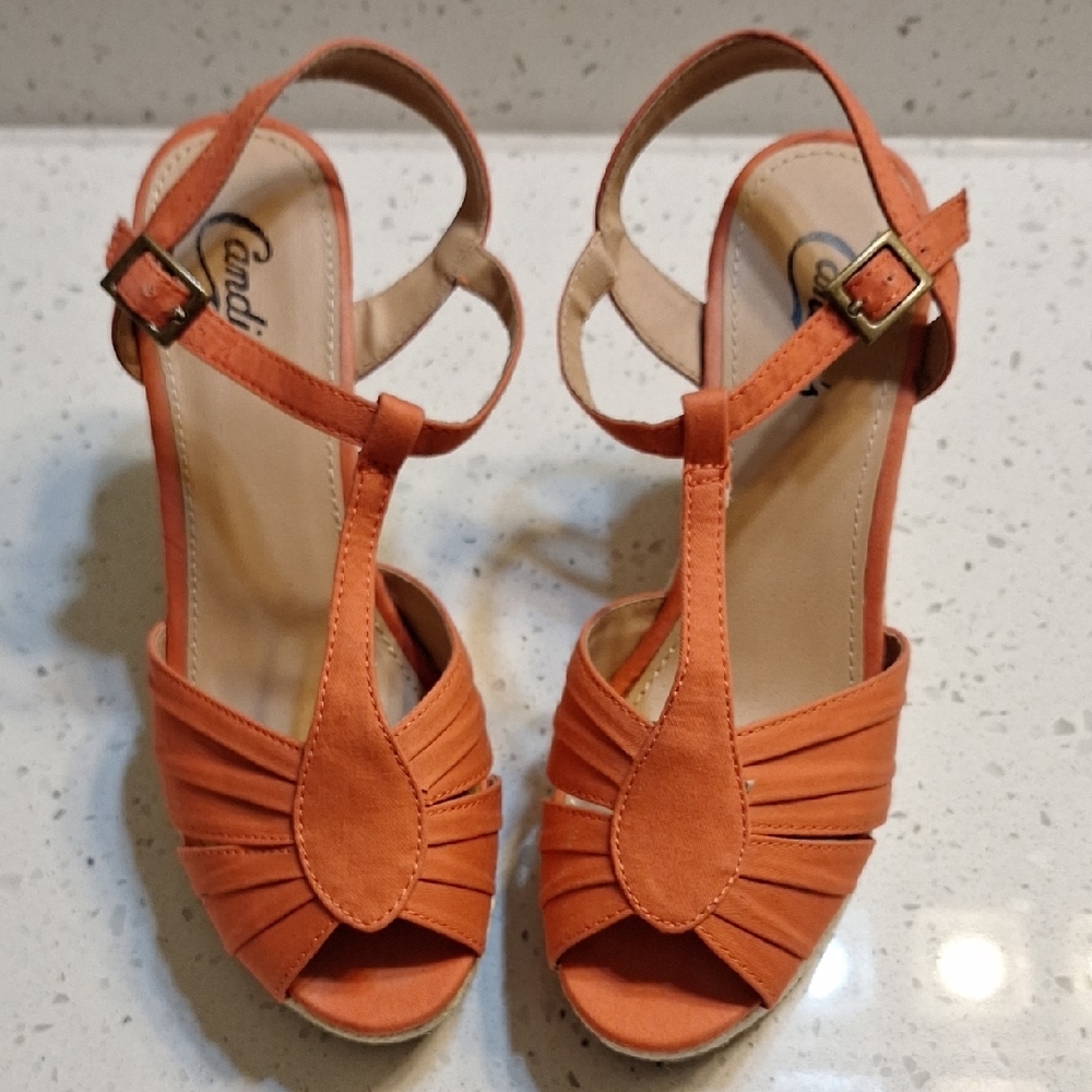 Candie's Orange Wedge Sandals with Adjustable Ankle Strap